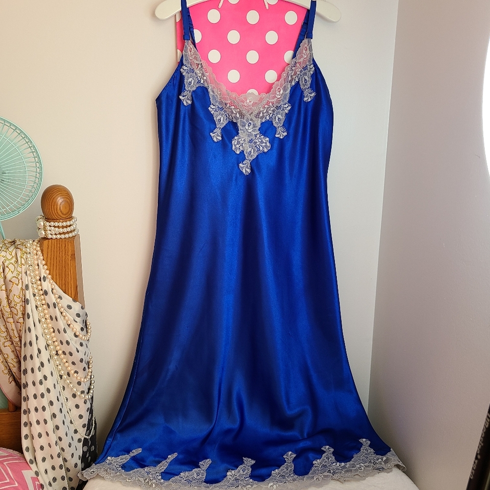 VTG Jones New York Silky Satin Lace Midi Slip Dress Size M Cobalt Blue - Picture 7 of 8